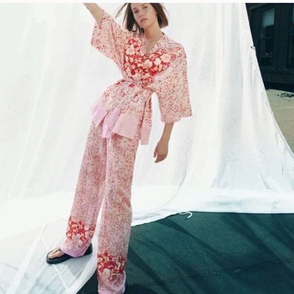 NWT ZARA BARBIE PINK WIDE-LEG PRINTED LINEN BLEND TROUSERS SizeXS - Picture 1 of 13